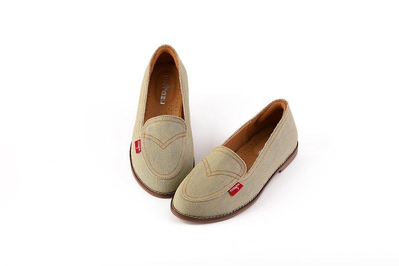 [Fu Lu Dan Ning] leather lining casual loafers denim limited green - Women's Casual Shoes - Cotton & Hemp Green