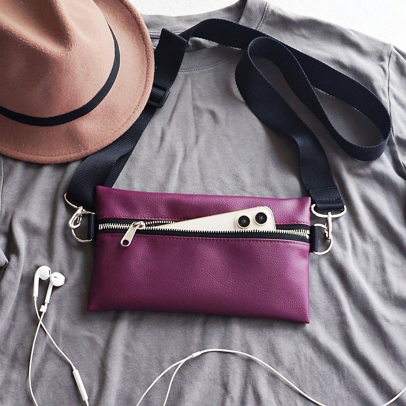 2-Way Wide Belt Faux Leather Shoulder Bag Burgundy　Smartphone pochette - Messenger Bags & Sling Bags - Waterproof Material Purple