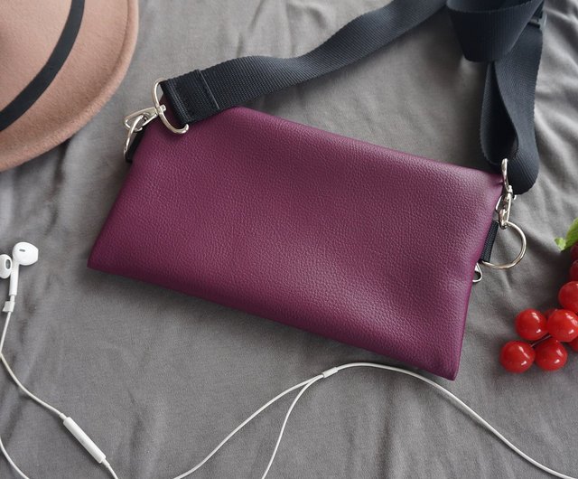 2-Way Wide Belt Faux Leather Shoulder Bag Burgundy Smartphone