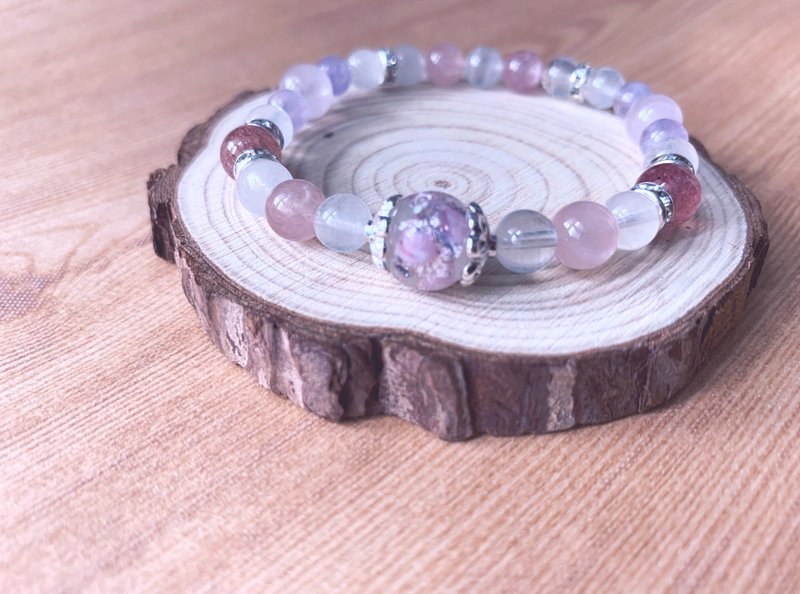 【琉璃系列】日系淡粉銀箔琉璃| 草莓晶 | 紫水晶 | 粉晶 | - 手鍊/手環 - 水晶 粉紅色