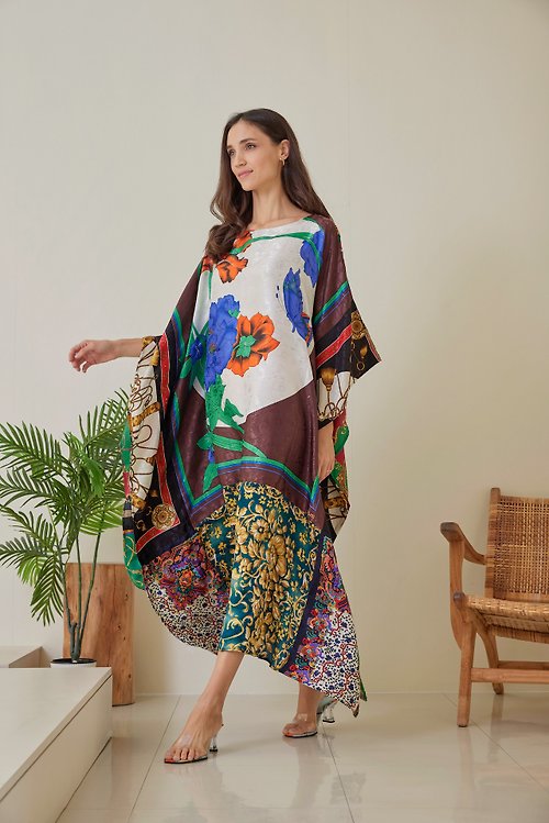 slowsundaynight Silk Scarves Patchwork Kaftan, Women Plus Size, Floral Vintage, Designer Caftan