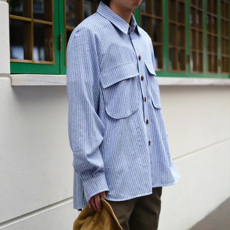 Pink and blue striped loose shirt - Men's Shirts - Cotton & Hemp Multicolor