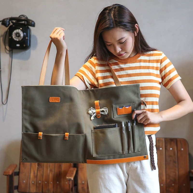 Three-purpose folding storage tote bag/portable/briefcase-water repellent - กระเป๋าถือ - ผ้าฝ้าย/ผ้าลินิน สีเขียว