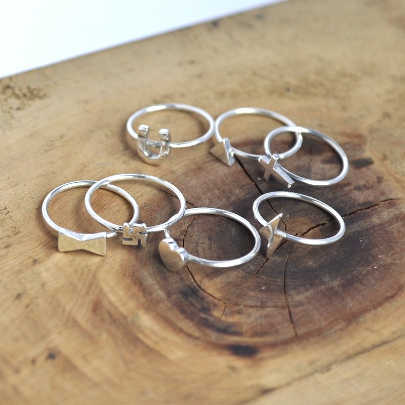 Fine ring cross / love / horseshoe / lightning / triangle / bow / 卐 4D sterling silver - แหวนทั่วไป - โลหะ สีเทา