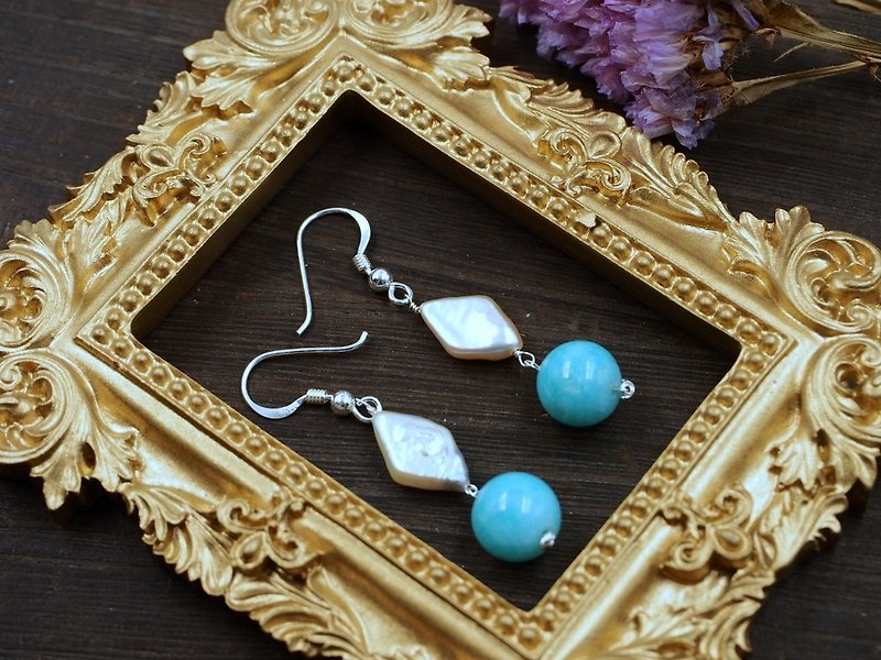 淡水珍珠 天河石 純銀耳環 Freshwater Pearl Amazonite - 耳環/耳夾 - 半寶石 藍色