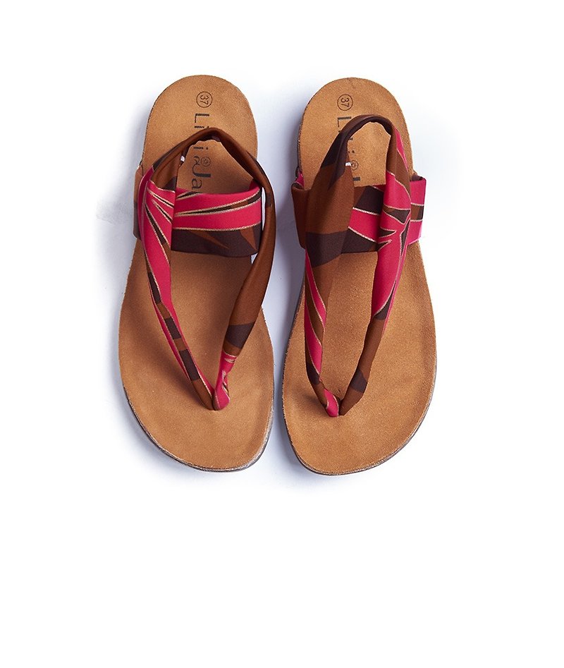 零碼-【夏季的旅行】高彈力萊卡花布軟木拖鞋_棕櫚葉(22.5) - 涼鞋 - 真皮 紅色