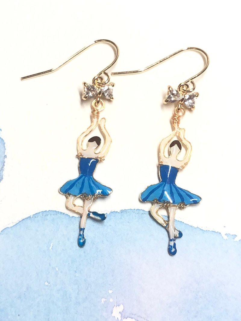 14kgf elegant ballerina earrings/sapphire blue - Earrings & Clip-ons - Other Metals Blue