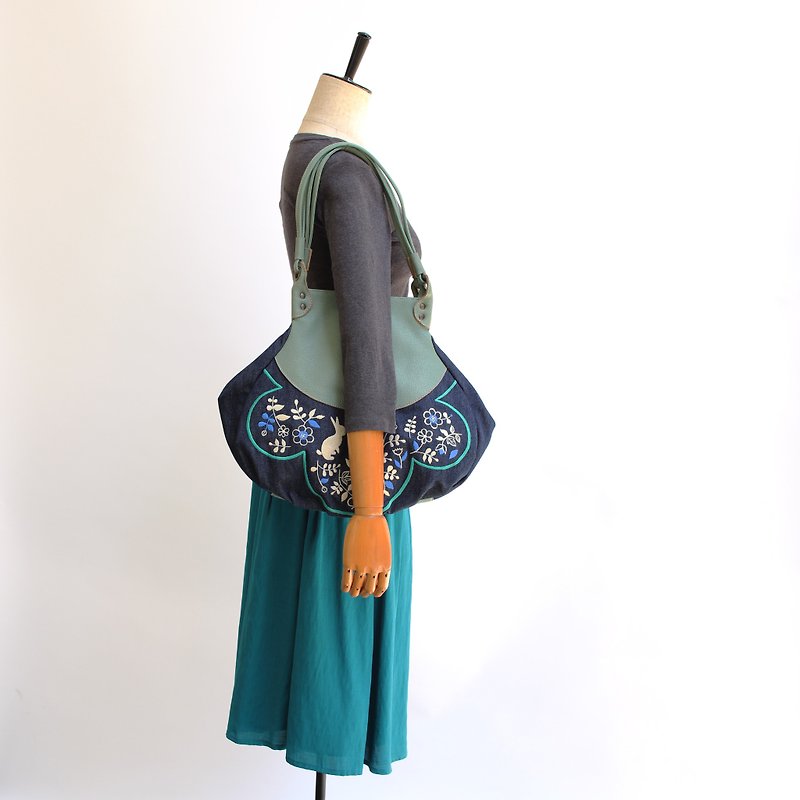 Rabbit garden embroidery · drop tote bag - Handbags & Totes - Genuine Leather Blue