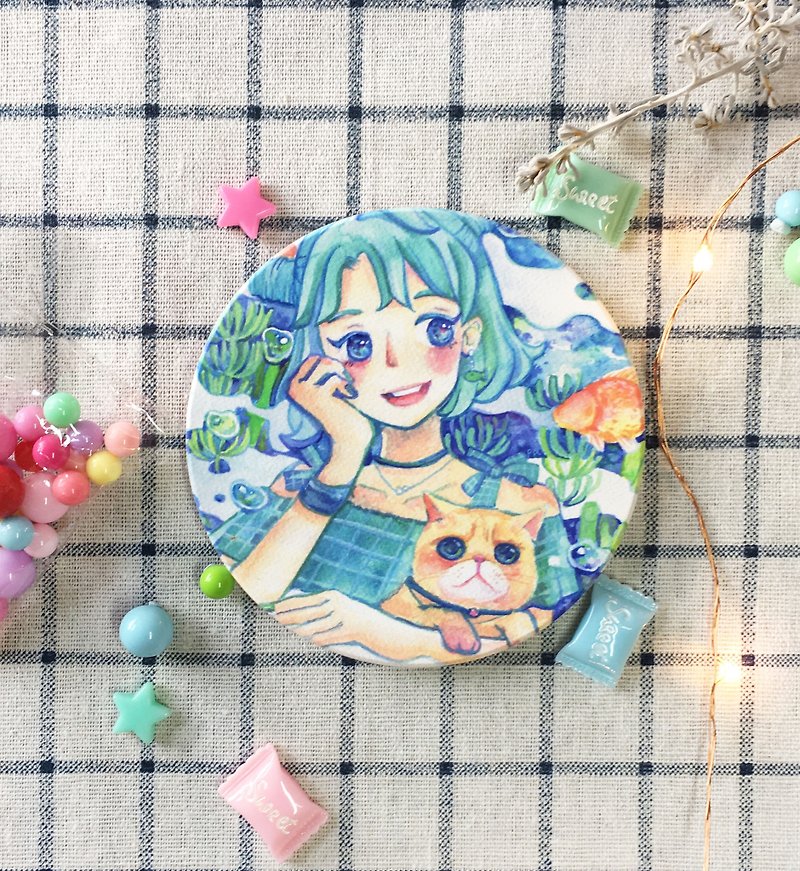 Girl and cat sucking coaster - Coasters - Porcelain Green
