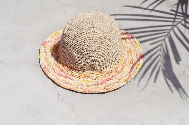 Valentine's Day limited edition hand-woven cotton Linen cap / knit cap / hat / visor / hat - a sense of watercolor sunset pink clouds colorful striped hand-woven hats - หมวก - ผ้าฝ้าย/ผ้าลินิน หลากหลายสี
