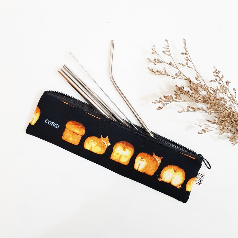 【柯基吐司】 餐具袋  環保 筆袋 刷具袋 聖誕 - 居家收納/收納盒/儲物盒 - 棉．麻 黑色