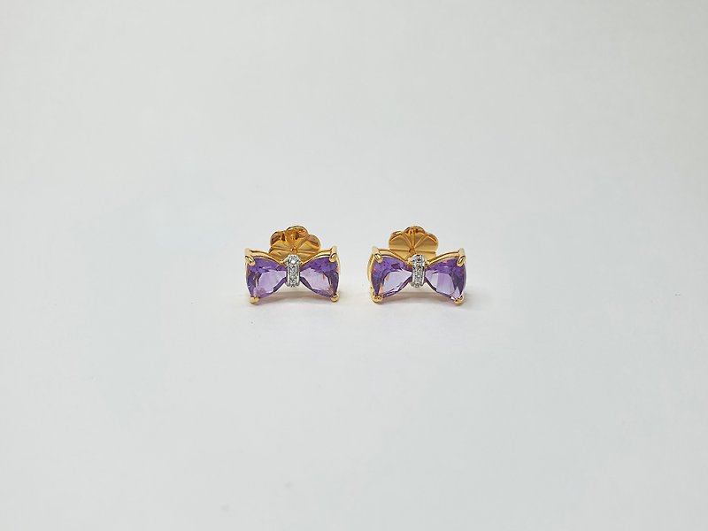 本物のアメジスト イヤリング本物のベルギーカット ダイヤモンドで飾られています。 9K ゴールドのケース、美しく甘い - ピアス・イヤリング - 宝石 パープル
