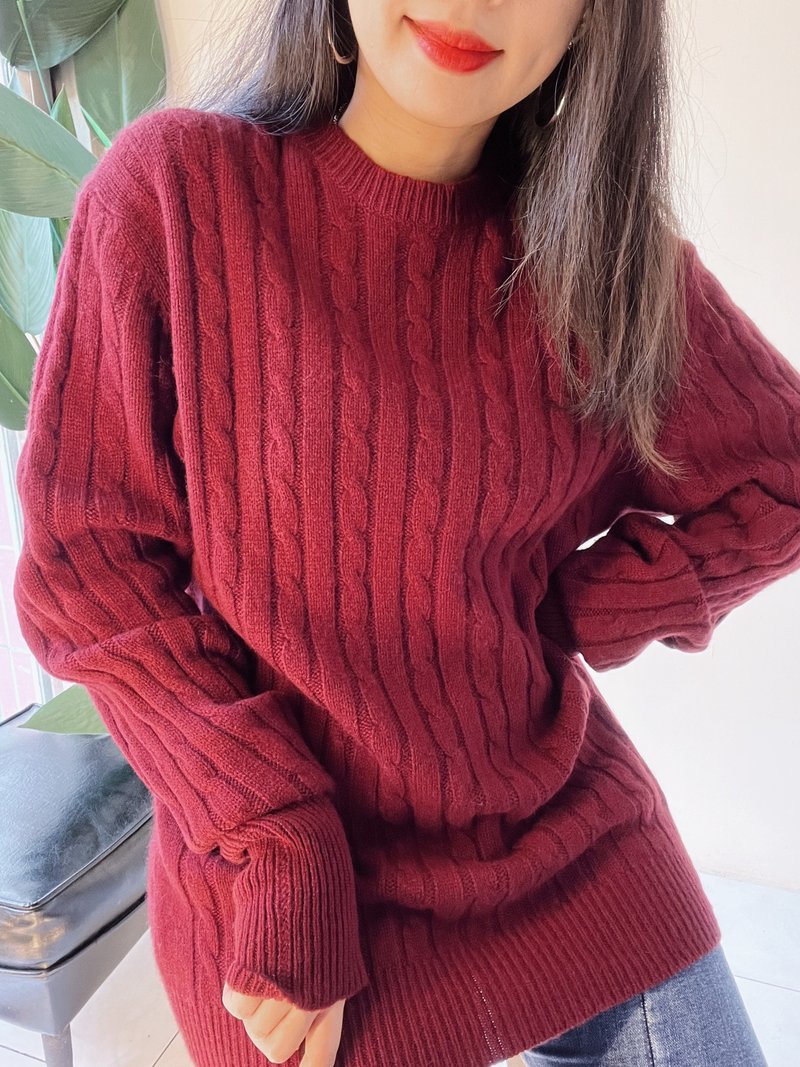 暗棗紅色立體麻花織紋 古董羊絨羊毛衣毛衫 cashmere sweater - 女毛衣/針織衫 - 羊毛 紅色