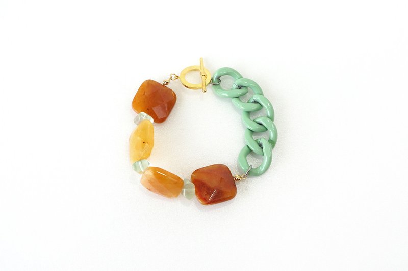 Fresh and Bold Statement Bracelet, Light and Burnt Yellow Quartz Stone, Sea Green Big Chain - Bracelets - Gemstone Orange