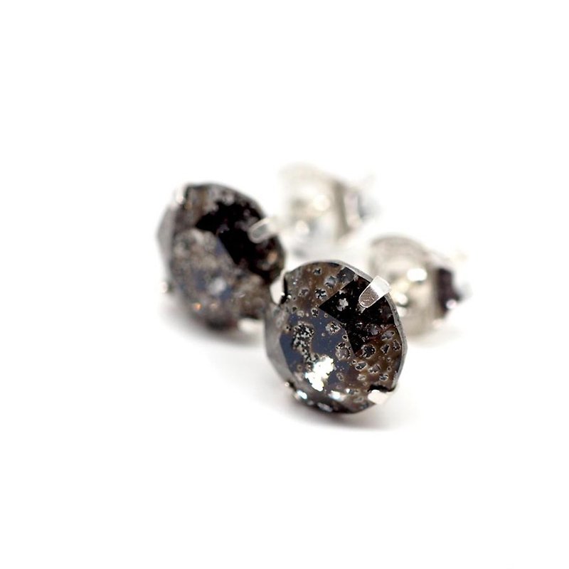 黑色隕石施華洛世奇水晶 - 耳釘耳環 - 925純銀 - 8毫米圓形 - 耳環/耳夾 - 其他金屬 黑色