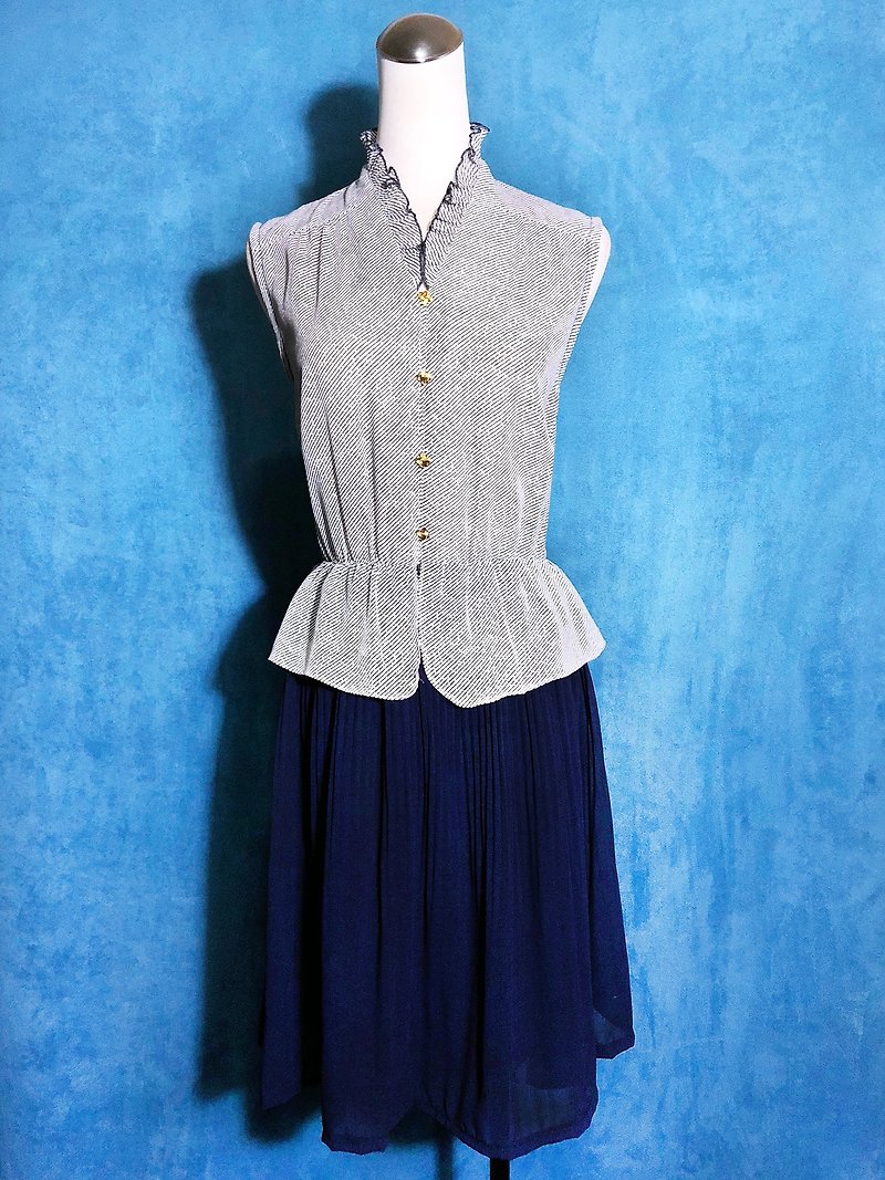 斜紋荷葉邊無袖古著洋裝 / 國外帶回 VINTAGE - 洋裝/連身裙 - 聚酯纖維 藍色