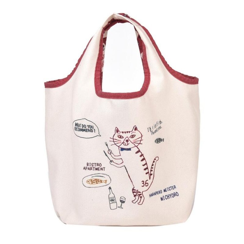 Kusuguru Japan Hungry Cat Michyoro canvas thick-soled handbag outing shopping bag-red - Handbags & Totes - Polyester Red