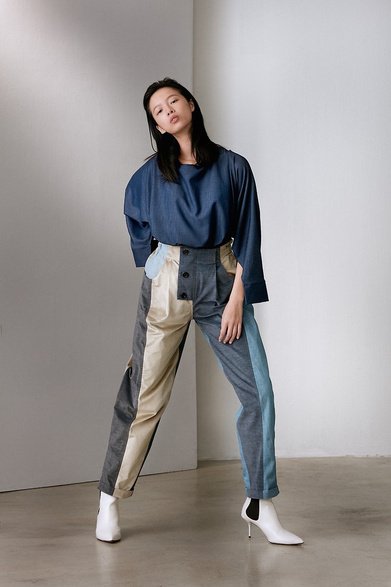 YIBO / splicing jump trousers - Women's Pants - Cotton & Hemp Blue