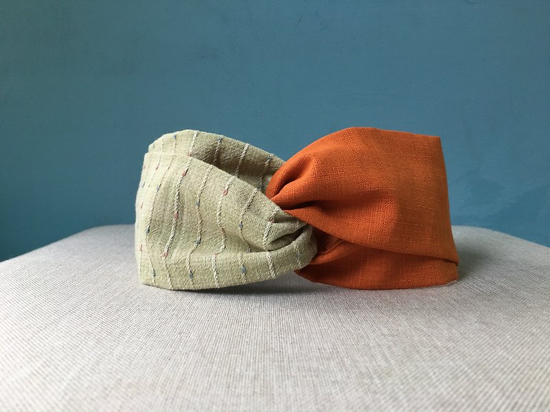 Shuangpin headband / orange green thread / first dyed fabric / limited edition - Headbands - Cotton & Hemp Orange