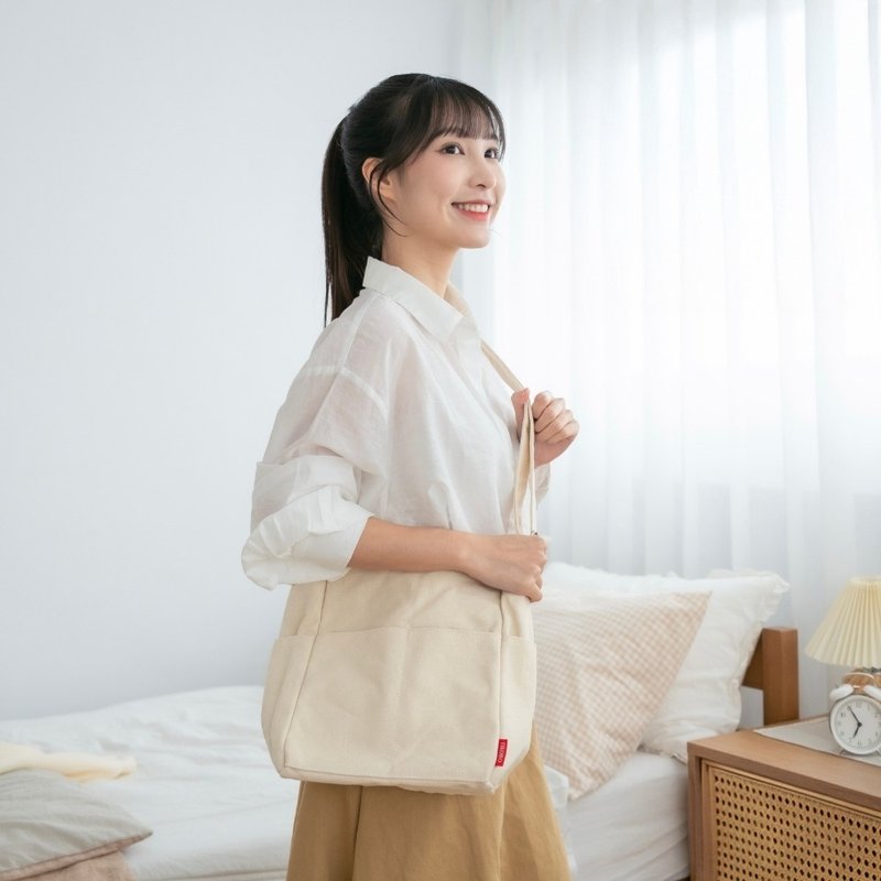 【站穩穩七格斜背袋】環保袋/手提袋/水壺袋/冰霸杯/帆布袋/斜背 - 側背包/斜背包 - 棉．麻 卡其色