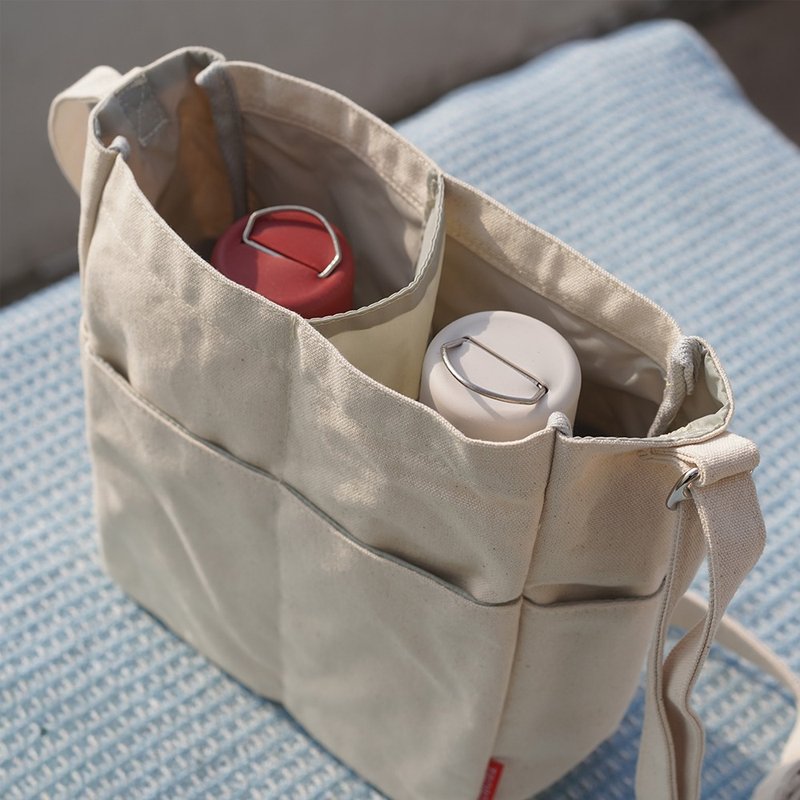 【安定感抜群7ポケットショルダーバッグ】エコバッグ/トートバッグ/ボトルホルダー/氷霸杯/帆布バッグ/斜め掛け - ショルダーバッグ - コットン・麻 カーキ
