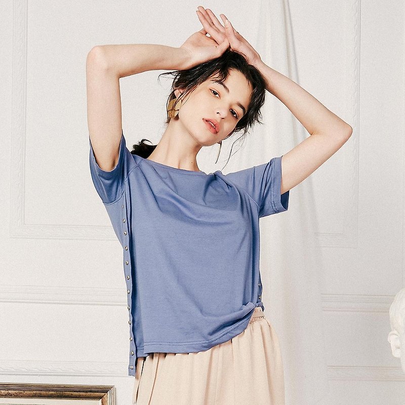 [Summer dress specials] Anne Chen new art women's solid color round neck short short long T-shirt XZJX8482T - เสื้อยืดผู้หญิง - ผ้าฝ้าย/ผ้าลินิน สีน้ำเงิน