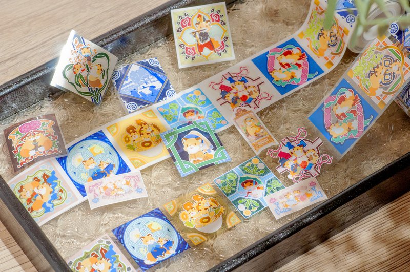 │狐狸名畫花磚│40mm紙膠帶 - 紙膠帶/和紙/PET - 塑膠 橘色
