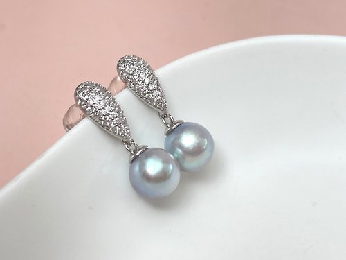 Athena珍珠設計 滴水成冰 天然海水珍珠 akoya 真多麻 純銀 滿鑲 耳環