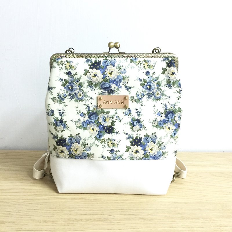 Blue Flower Big Mouth Golden Backpack/Free printed name leather label (two colors) - กระเป๋าเป้สะพายหลัง - ผ้าฝ้าย/ผ้าลินิน สีน้ำเงิน