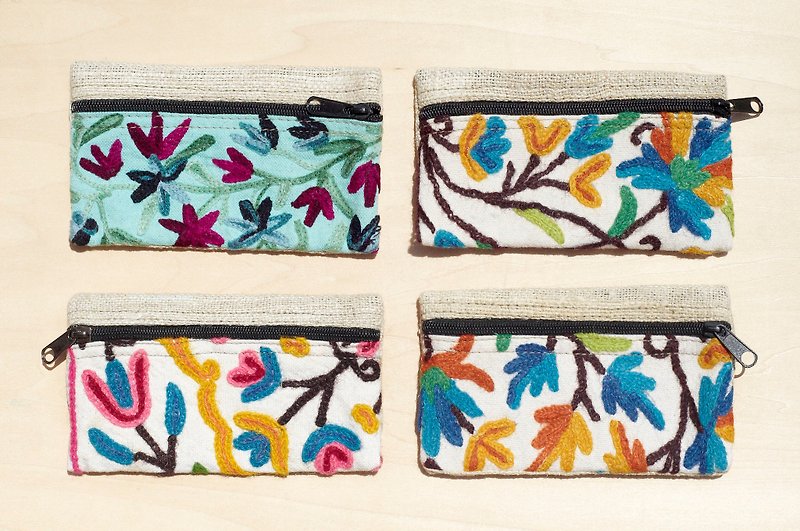 森林系手工刺繡編織零錢包 / 錢包 / 筆袋 - 彩色花朵藤蔓 - 銀包 - 繡線 多色