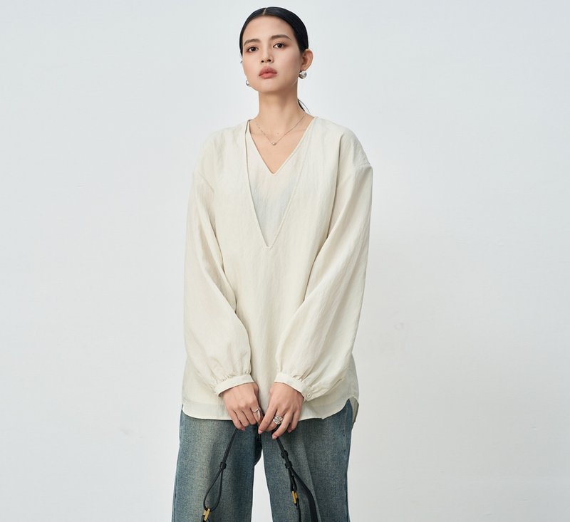 【天絲假兩件】法式簡約/寬鬆疊穿襯衫 - 女襯衫 - 絲．絹 白色