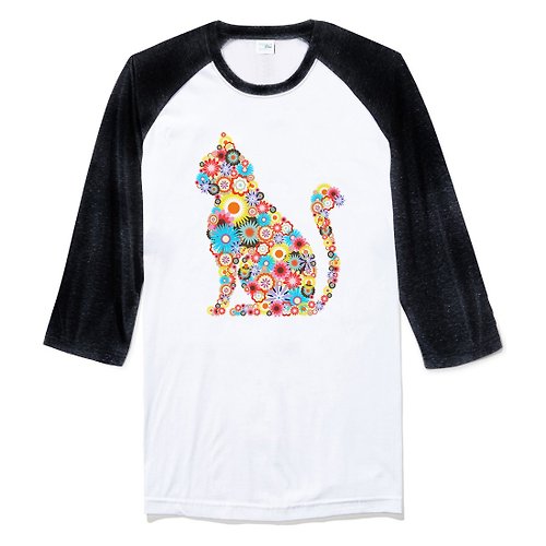 hipster Floral Cat 七分袖T恤 白黑色 花 貓 碎花 設計 插畫 藝術