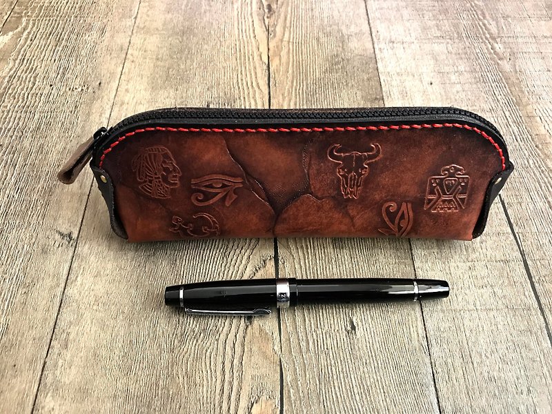 POPO│古埃及. Mural │ leather pen bag │ original - Pencil Cases - Genuine Leather Brown