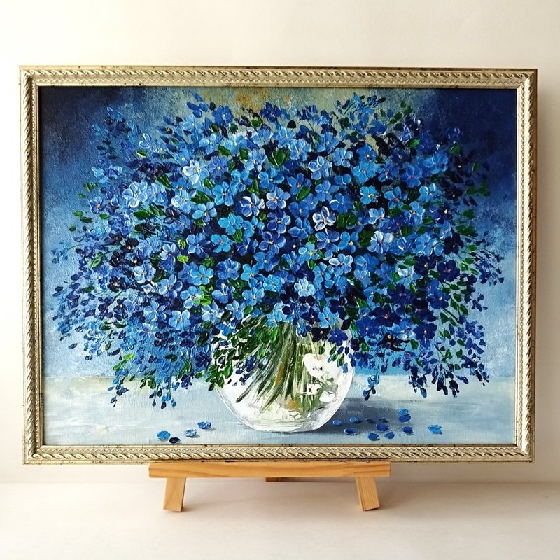 Forget-me-nots Painting: Unique Bouquet of Blue Flowers. Artwork Wall Decoration - ตกแต่งผนัง - อะคริลิค สีน้ำเงิน