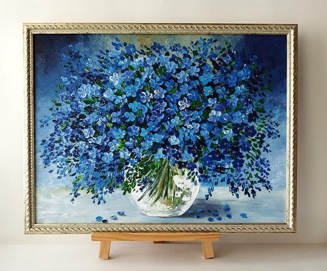 花の絵 ワスレナグサの絵: 青い花のユニークな花束。アートワークの壁の