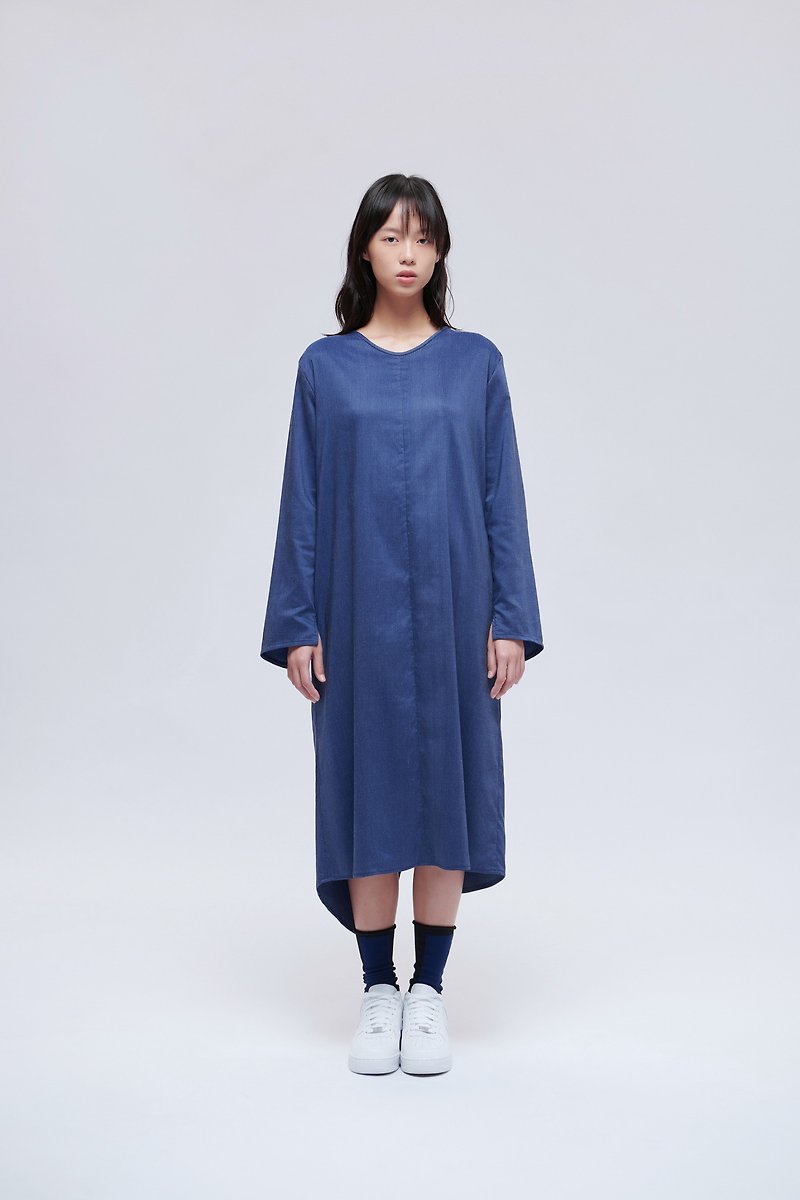 條紋七分袖洋裝 - 連身裙 - 棉．麻 藍色