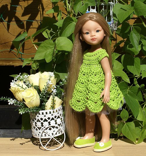 InnaKirkevichLampwork Green crochet dress for Paola Reina doll, dress for Las Amigas 32 cm 13in doll