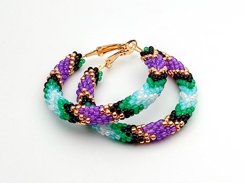 IrisBeadsArt 串珠耳環, 圈型耳環, Big beaded hoop earrings, Purple green earrings, Handmade jewelry