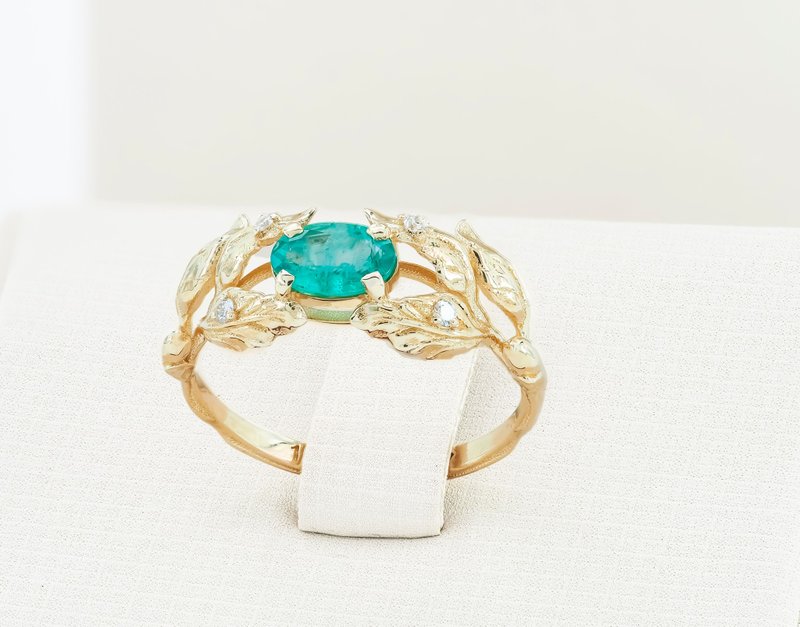 Olive tree gold ring with emerald and diamonds - 戒指 - 貴金屬 金色