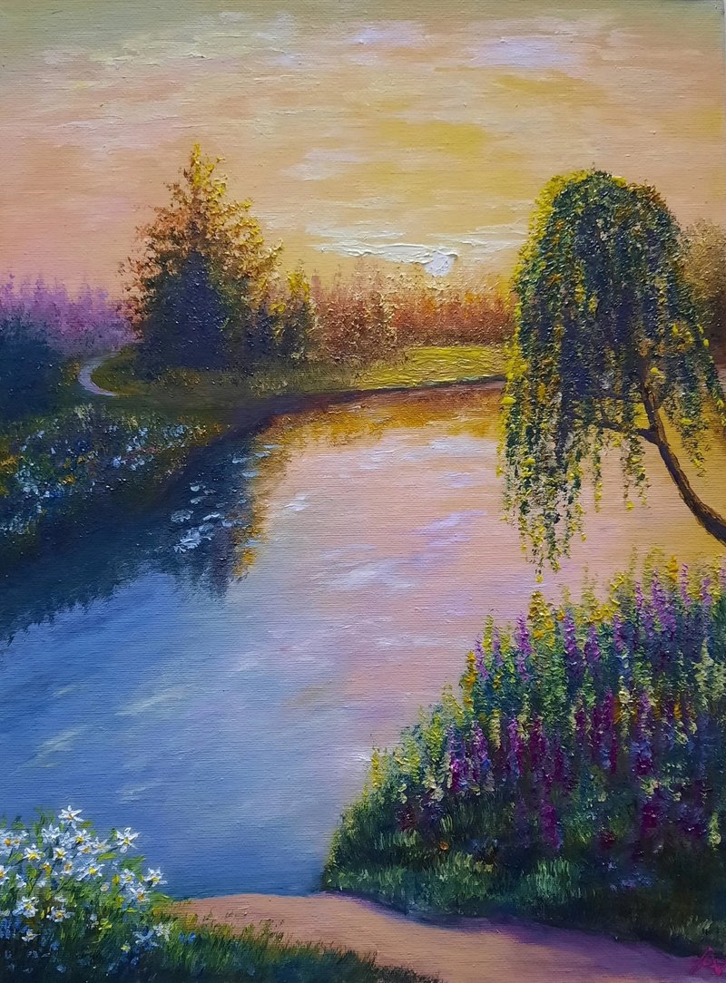 Golden Sunrise Original Oil Painting: Summer River Landscape Artwork - ตกแต่งผนัง - วัสดุอื่นๆ 