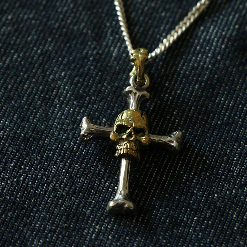 Vintage Biker Skull bone Cross Christ Jesus silver Pendant Necklace handmade 925 - Necklaces - Other Metals Silver