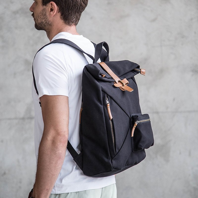 Water Resistant Fold top backpack in canvas and leather Black - Backpacks - Cotton & Hemp Black