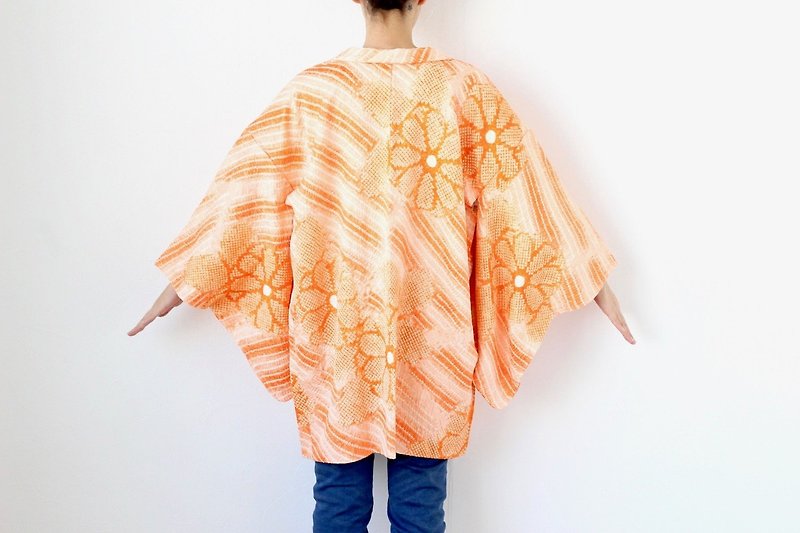 Shibori kimono, EXCELLENT VINTAGE, haori, Japanese kimono /3772 - เสื้อแจ็คเก็ต - ผ้าไหม สีส้ม