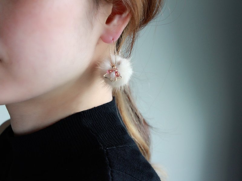 14kgf-pink topaz fur pierced earrings(choose fur color!!) - ต่างหู - โลหะ สึชมพู