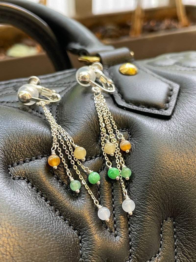 天女散花//天然翡翠 Aタイプイエロー翡翠グリーン翡翠ホワイト翡翠 925 トレメラクリップ - ピアス・イヤリング - 翡翠 