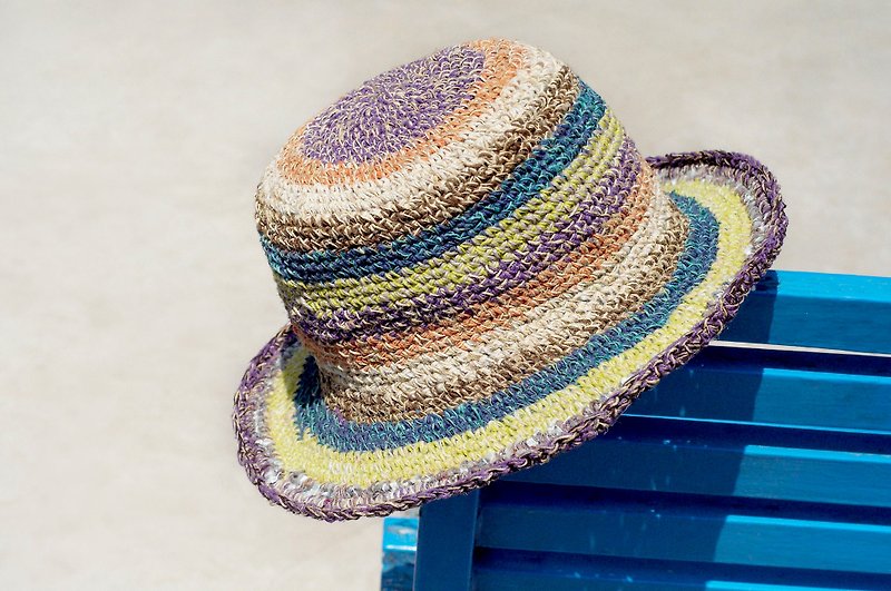A limited edition of hand-woven cotton cap / knit cap / hat / visor / hat - forest color colorful stripes - Hats & Caps - Cotton & Hemp Multicolor