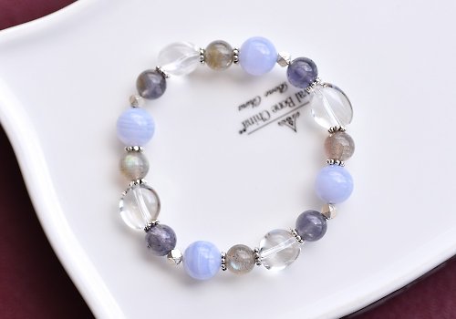 CaWaiiDaisy Handmade Jewelry 白水晶+藍紋瑪瑙+堇青石+拉長石純銀手鍊