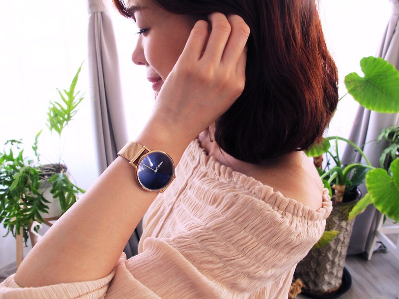 客製化指針手錶-36mm太陽紋寶藍 金屬米蘭錶帶 - 女裝錶 - 不鏽鋼 金色