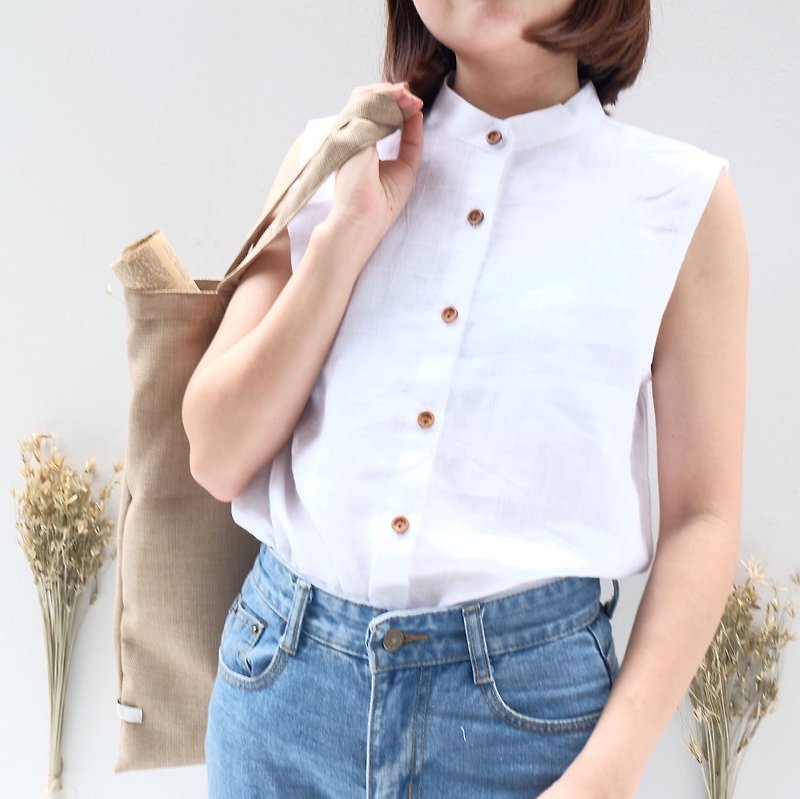 Mandarin Collar Top - เสื้อผู้หญิง - ผ้าฝ้าย/ผ้าลินิน ขาว