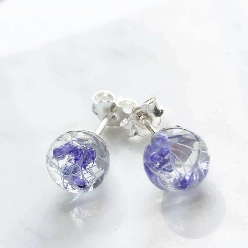 Real flower Purple Gypsophila sphere glass S925 silver earrings  - Earrings & Clip-ons - Plants & Flowers Purple